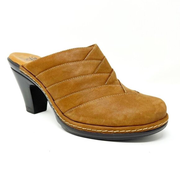 Sofft Clogs Women's 9.5 Tan Leather Chevron Pattern Heeled Mule Slides